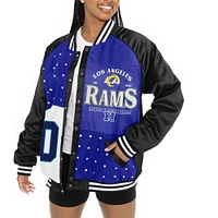 Veste bomber surdimensionnée à boutons-pression et strass Gameday Couture noire/bleue pour femme des Los Angeles Rams