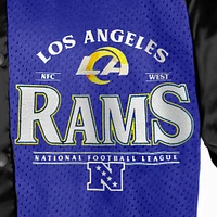 Veste bomber surdimensionnée à boutons-pression et strass Gameday Couture noire/bleue pour femme des Los Angeles Rams