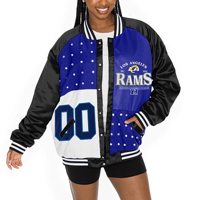 Veste bomber surdimensionnée à boutons-pression et strass Gameday Couture noire/bleue pour femme des Los Angeles Rams