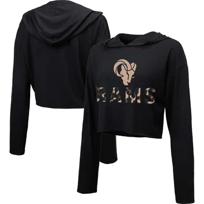 Los Angeles Rams Majestic Threads Women's Leopard Cropped Pullover Hoodie - Black