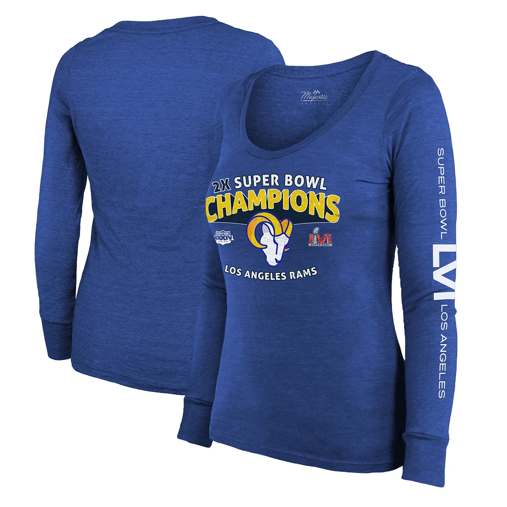 Majestic Threads pour femme Heathered Royal Los Angeles Rams 2-Time Super Bowl Champions Sky High Tri-Blend T-shirt à manches longues et encolure dégagée