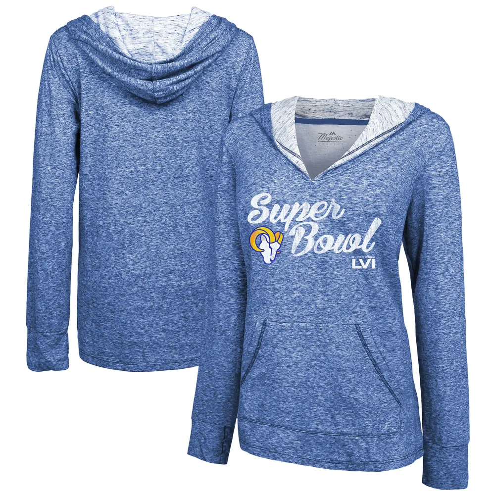 Women's Majestic Threads Heathered Royal Los Angeles Rams Super Bowl LVI Bound Arrival Slub V-Neck Pullover Hoodie