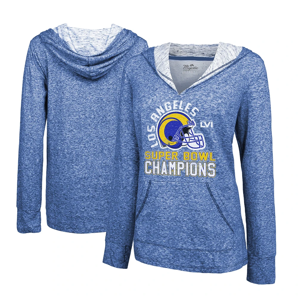 Women's Majestic Threads Heathered Royal Los Angeles Rams Super Bowl LVI Champions Hard Count Slub Pullover Hoodie