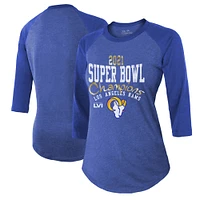 Women's Majestic Threads Heathered Royal Los Angeles Rams Super Bowl LVI Champions Roaring Success Tri-Blend 3/4 Sleeve Raglan T-Shirt