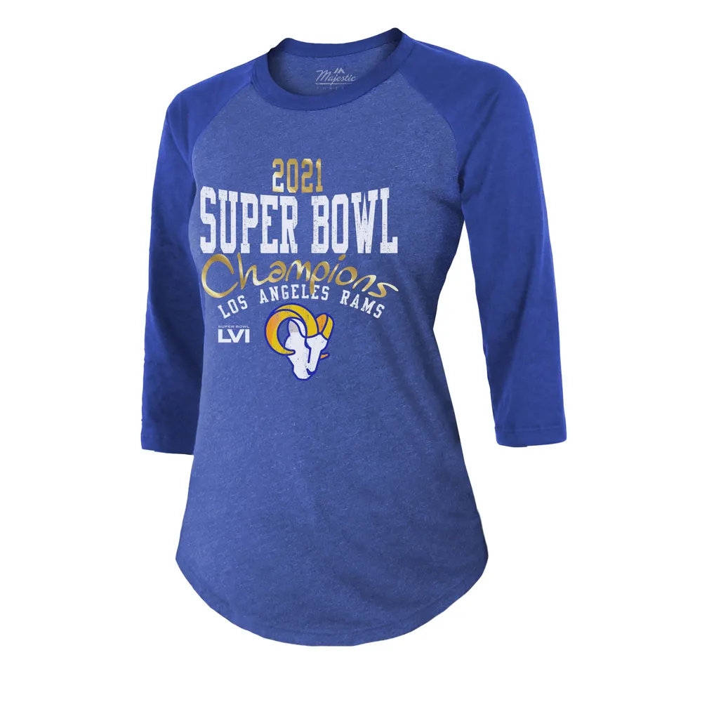 Majestic Threads pour femme Heathered Royal Los Angeles Rams Super Bowl LVI Champions Roaring Success Tri-Blend T-shirt raglan à manches 3/4