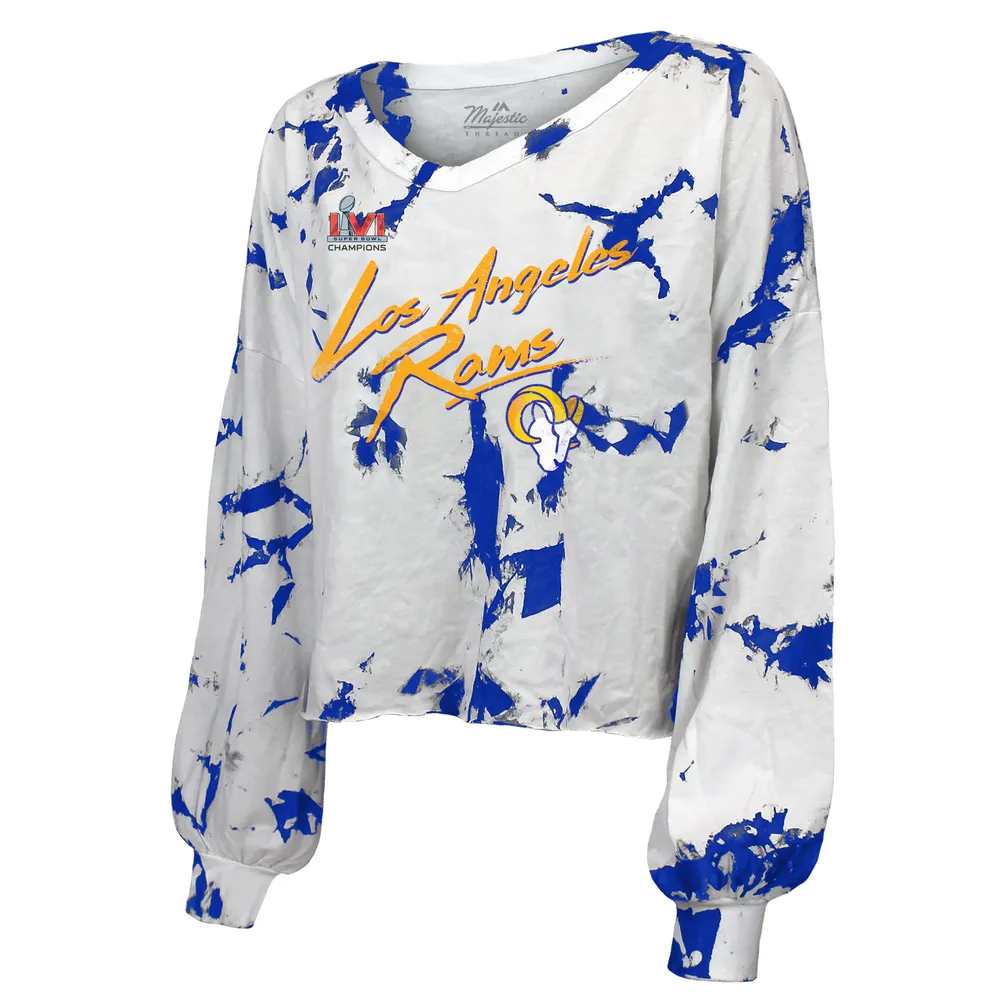 Women's Majestic Threads Matthew Stafford Royal/White Los Angeles Rams Super Bowl LVI Champions Off-Shoulder Tie-Dye Name & Number Long Sleeve V-Neck T-Shirt