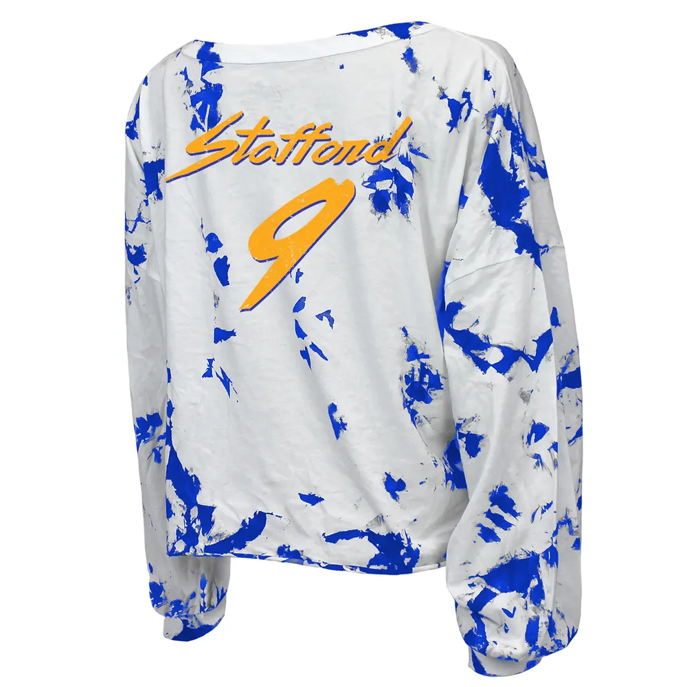 Women's Majestic Threads Matthew Stafford Royal/White Los Angeles Rams Super Bowl LVI Champions Off-Shoulder Tie-Dye Name & Number Long Sleeve V-Neck T-Shirt