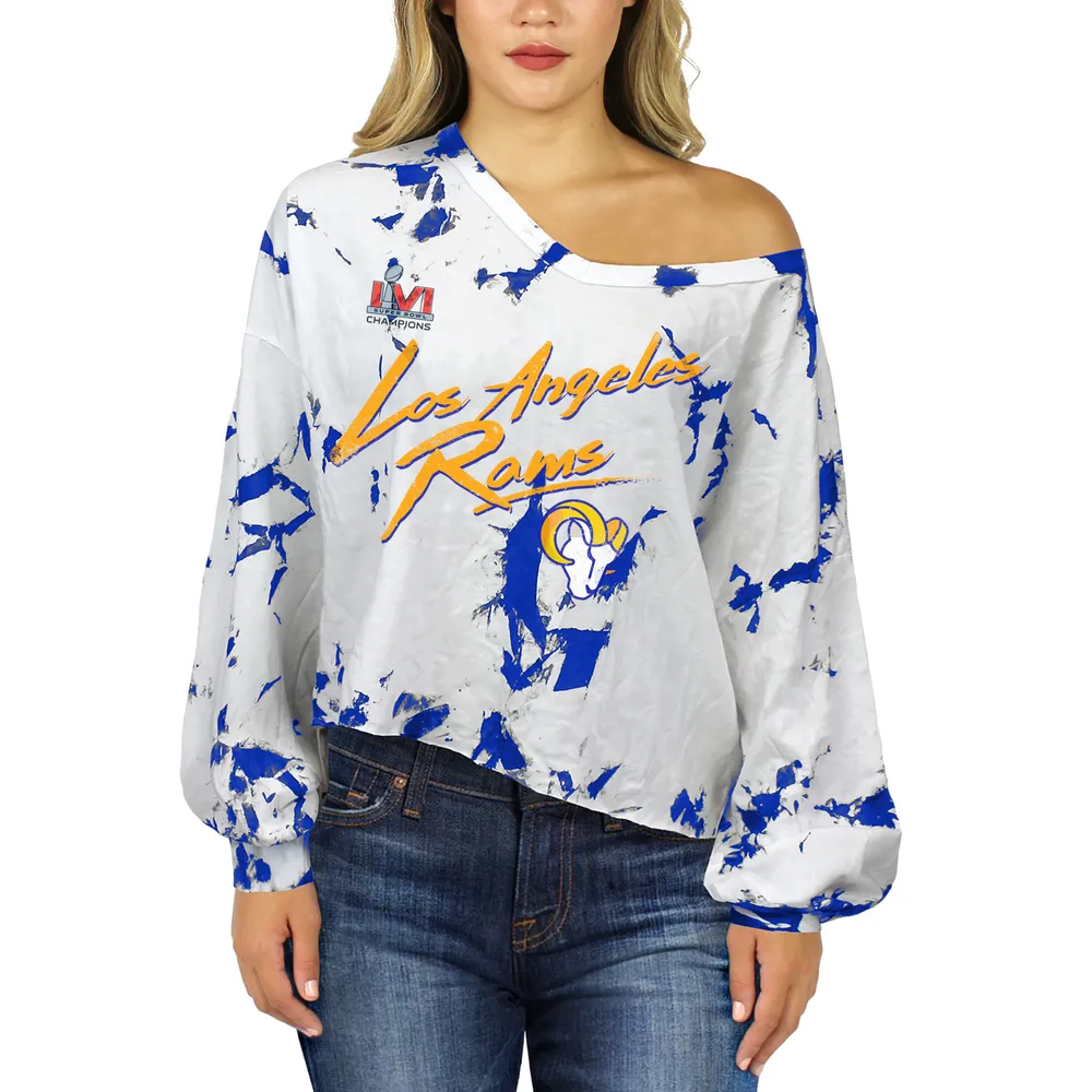 Women's Majestic Threads Matthew Stafford Royal/White Los Angeles Rams Super Bowl LVI Champions Off-Shoulder Tie-Dye Name & Number Long Sleeve V-Neck T-Shirt