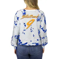 Women's Majestic Threads Matthew Stafford Royal/White Los Angeles Rams Super Bowl LVI Champions Off-Shoulder Tie-Dye Name & Number Long Sleeve V-Neck T-Shirt