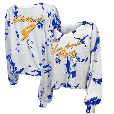 Majestic Threads pour femme Matthew Stafford Royal/White Los Angeles Rams Super Bowl LVI Champions Off-Shoulder Tie-Dye Name & Number T-shirt à manches longues et col en V