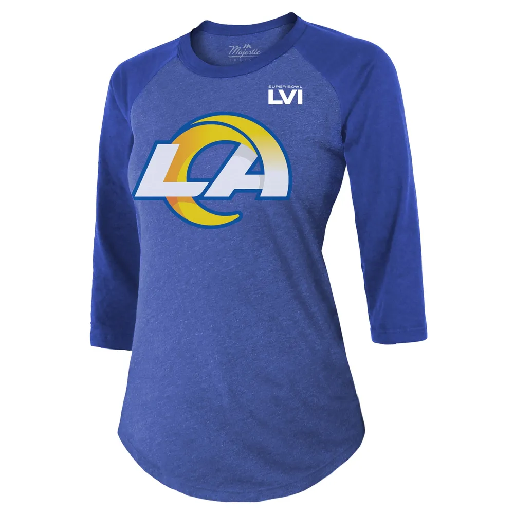 Women's Majestic Threads Matthew Stafford Royal Los Angeles Rams Super Bowl LVI Name & Number Raglan 3/4 Sleeve T-Shirt