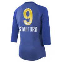 Women's Majestic Threads Matthew Stafford Royal Los Angeles Rams Super Bowl LVI Name & Number Raglan 3/4 Sleeve T-Shirt