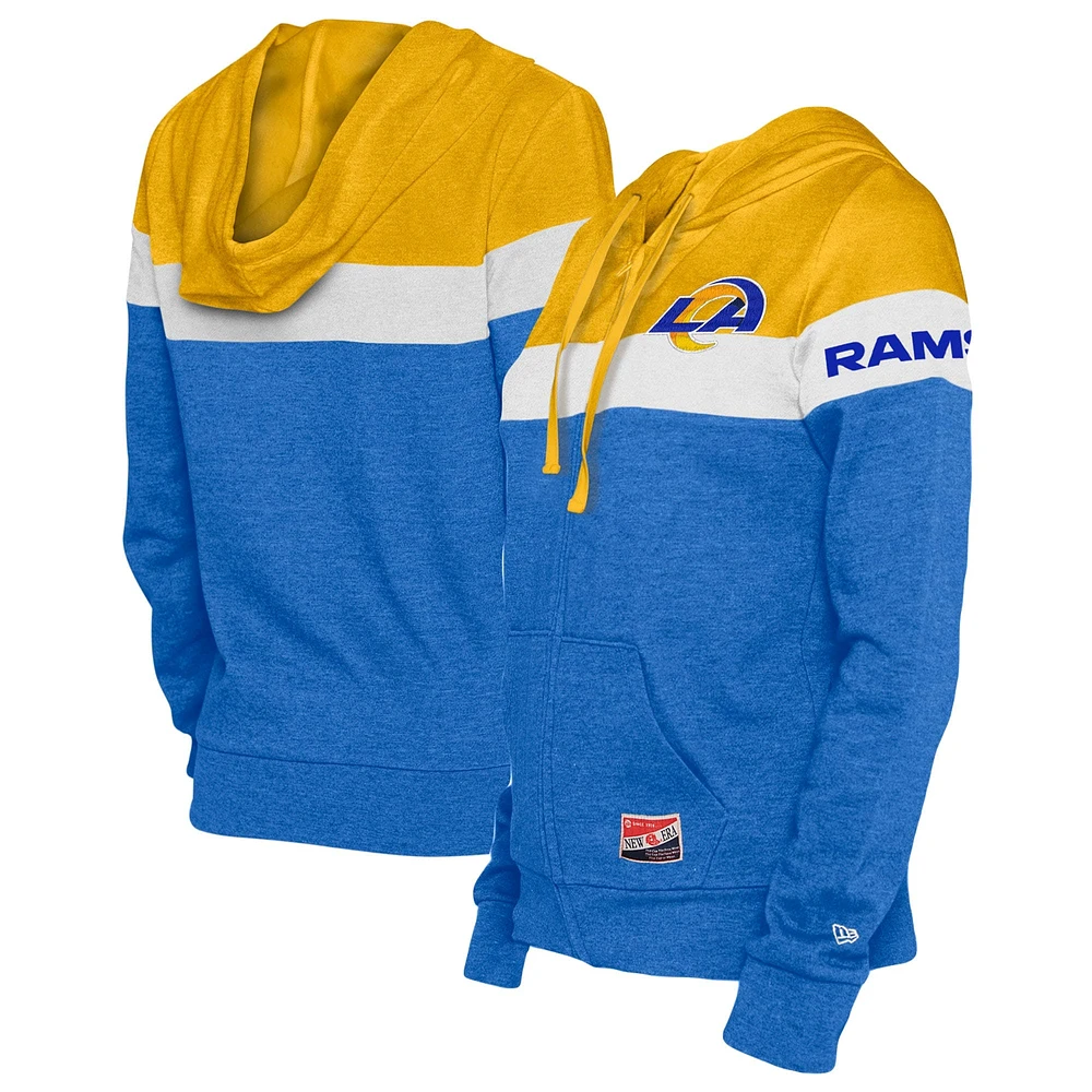 Sweat à capuche et fermeture éclair pleine longueur Los Angeles Rams Throwback New Era pour femme, bleu roi/doré