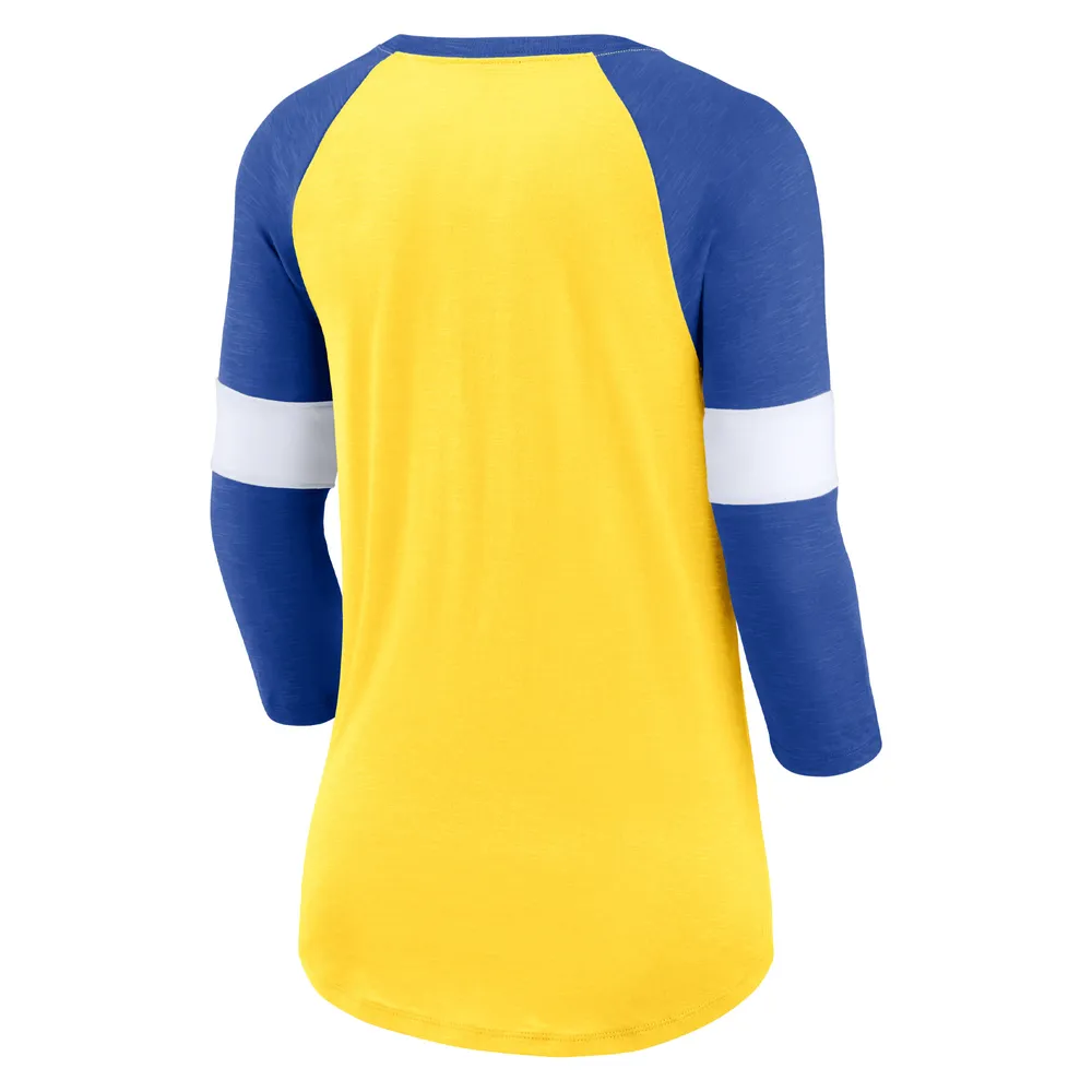 T-shirt à manches raglan Nike Los Angeles Rams Heathered Gold/Heathered Royal Football Pride pour femme