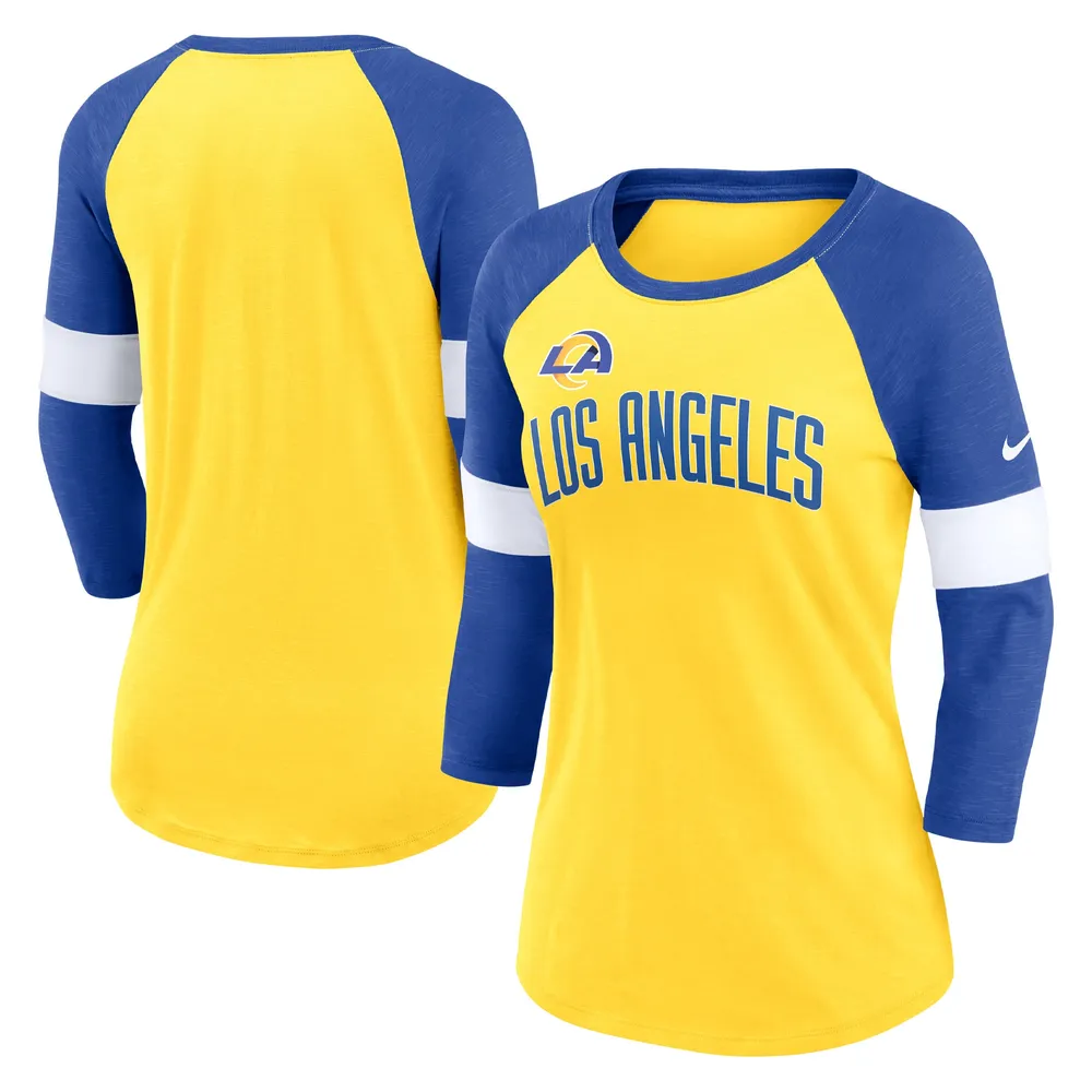 T-shirt à manches raglan Nike Los Angeles Rams Heathered Gold/Heathered Royal Football Pride pour femme