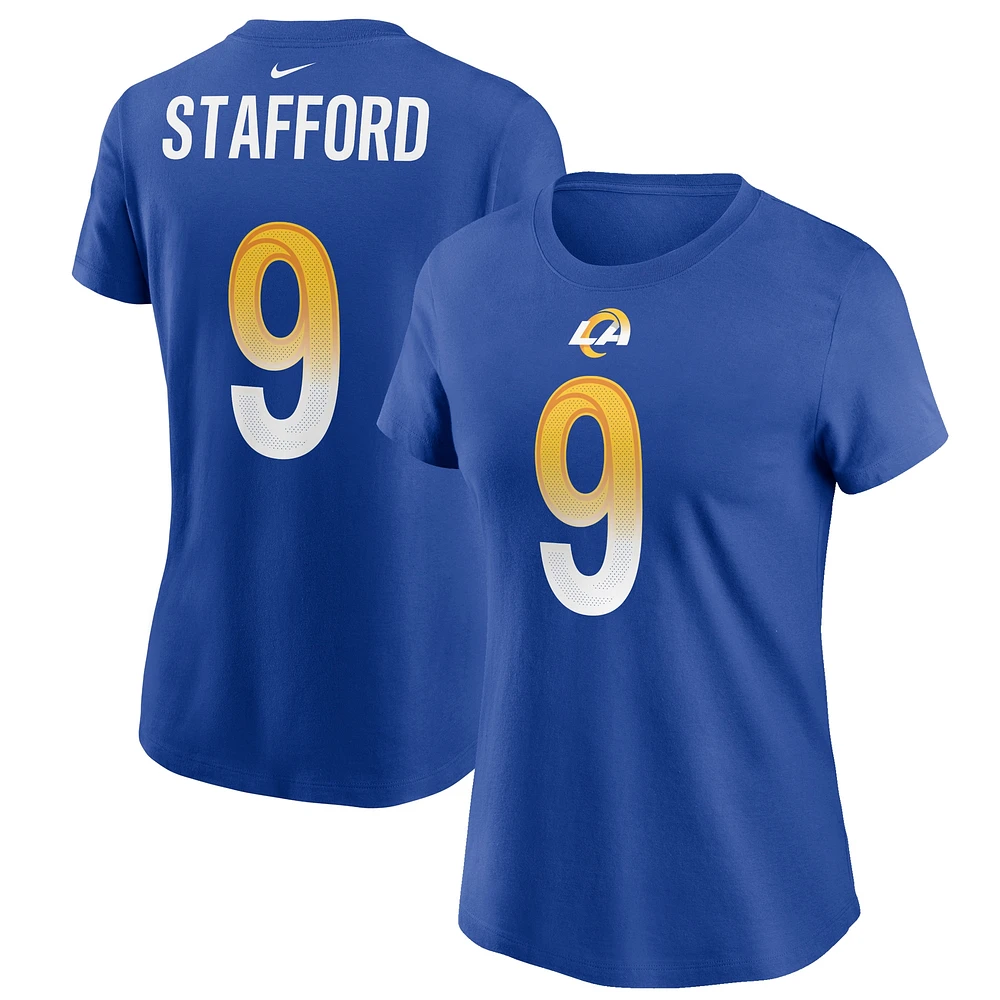 T-shirt avec nom et numéro Nike Matthew Stafford Royal Los Angeles Rams pour femme