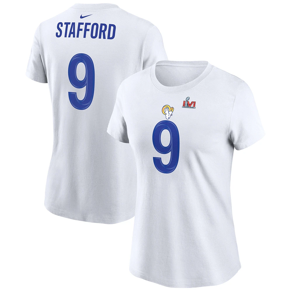 Women's Nike Matthew Stafford White Los Angeles Rams Super Bowl LVI Name & Number T-Shirt