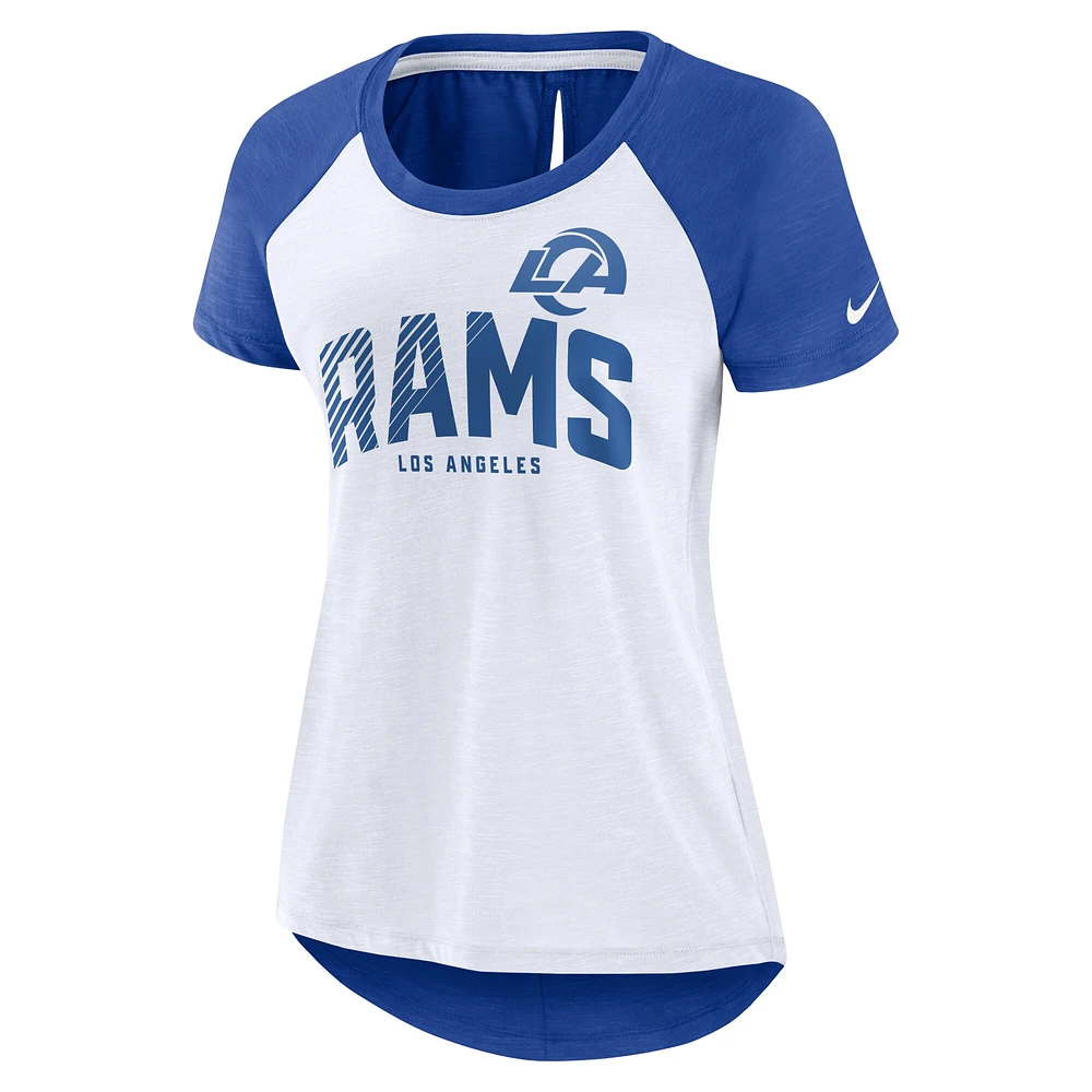 T-shirt mode raglan Los Angeles Rams Primetime pour femme Nike Royal/Blanc