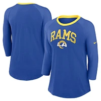 T-shirt raglan à manches 3/4 Nike Royal Los Angeles Rams pour femme