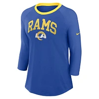 T-shirt raglan à manches 3/4 Nike Royal Los Angeles Rams pour femme