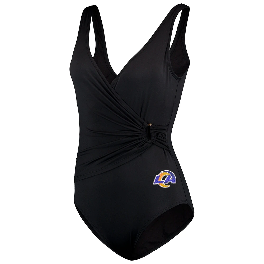 Women's Tommy Bahama Black Los Angeles Rams Pearl Clara Wrap One-Piece Swimsuit