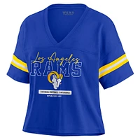 Women's WEAR by Erin Andrews Royal Los Angeles Rams Color Block Boxy Modest Crop V-Neck T-Shirt