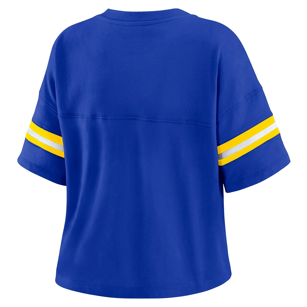 Women's WEAR by Erin Andrews Royal Los Angeles Rams Color Block Boxy Modest Crop V-Neck T-Shirt