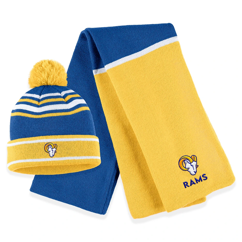 Ensemble bonnet à revers colorblock en tricot avec pompon et écharpe pour femme WEAR by Erin Andrews Royal Los Angeles Rams