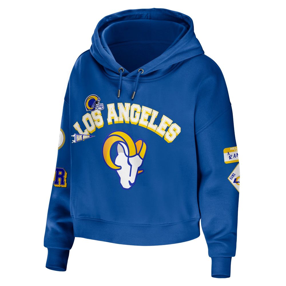 Women's WEAR by Erin Andrews Royal Los Angeles Rams Modest Cropped Pullover Hoodie