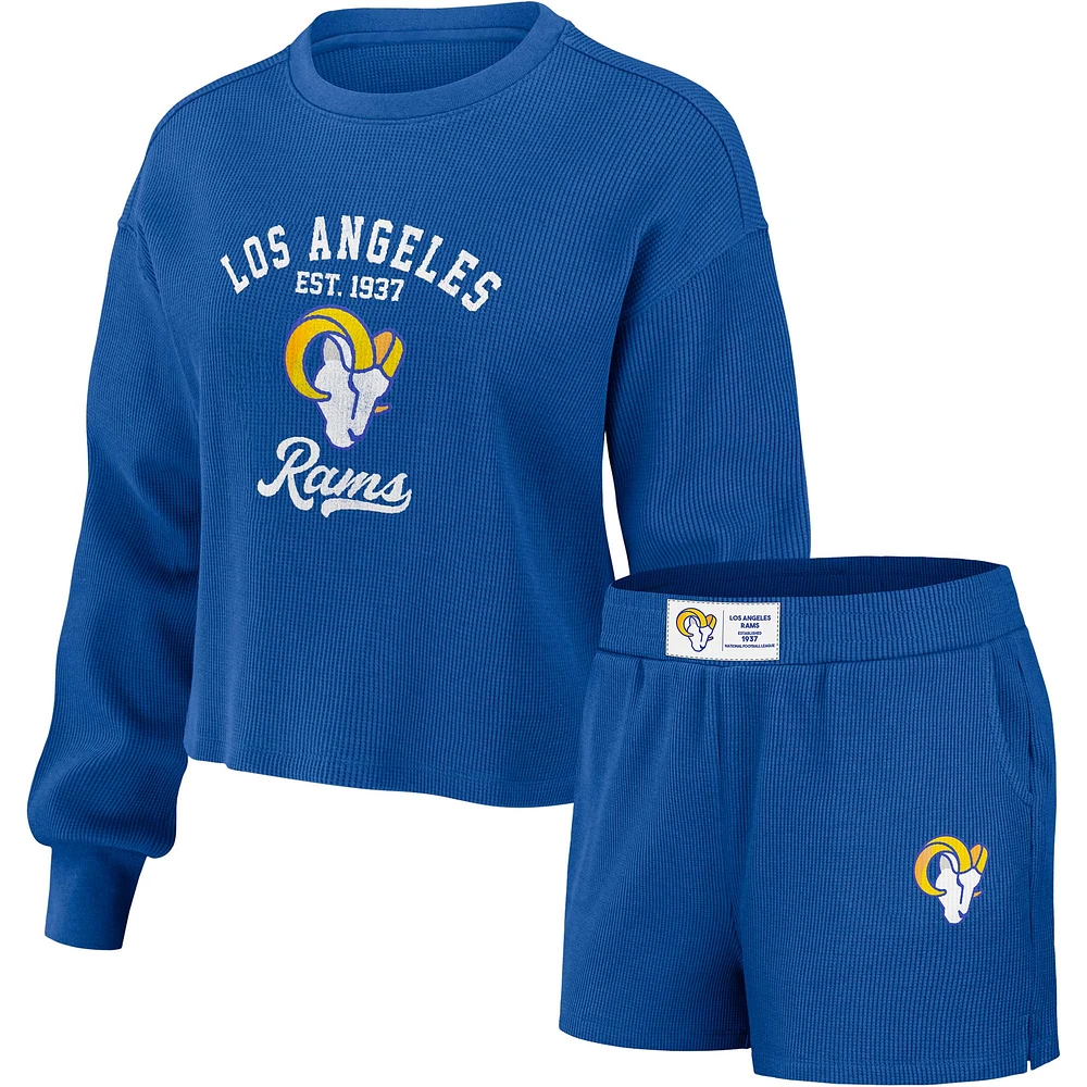 Women's WEAR by Erin Andrews Royal Los Angeles Rams Waffle Knit Long Sleeve T-Shirt & Shorts Lounge Set