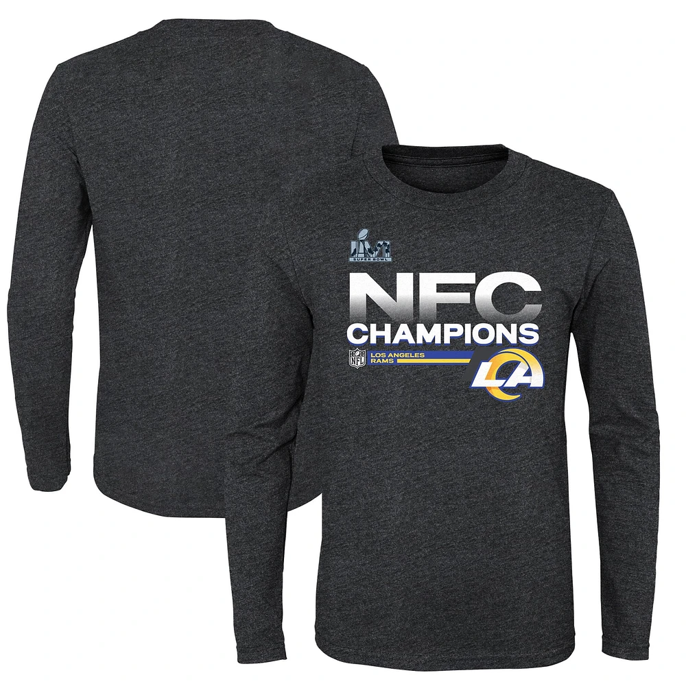 Youth Fanatics Heathered Charcoal Los Angeles Rams 2021 NFC Champions Locker Room Trophy Collection T-shirt à manches longues