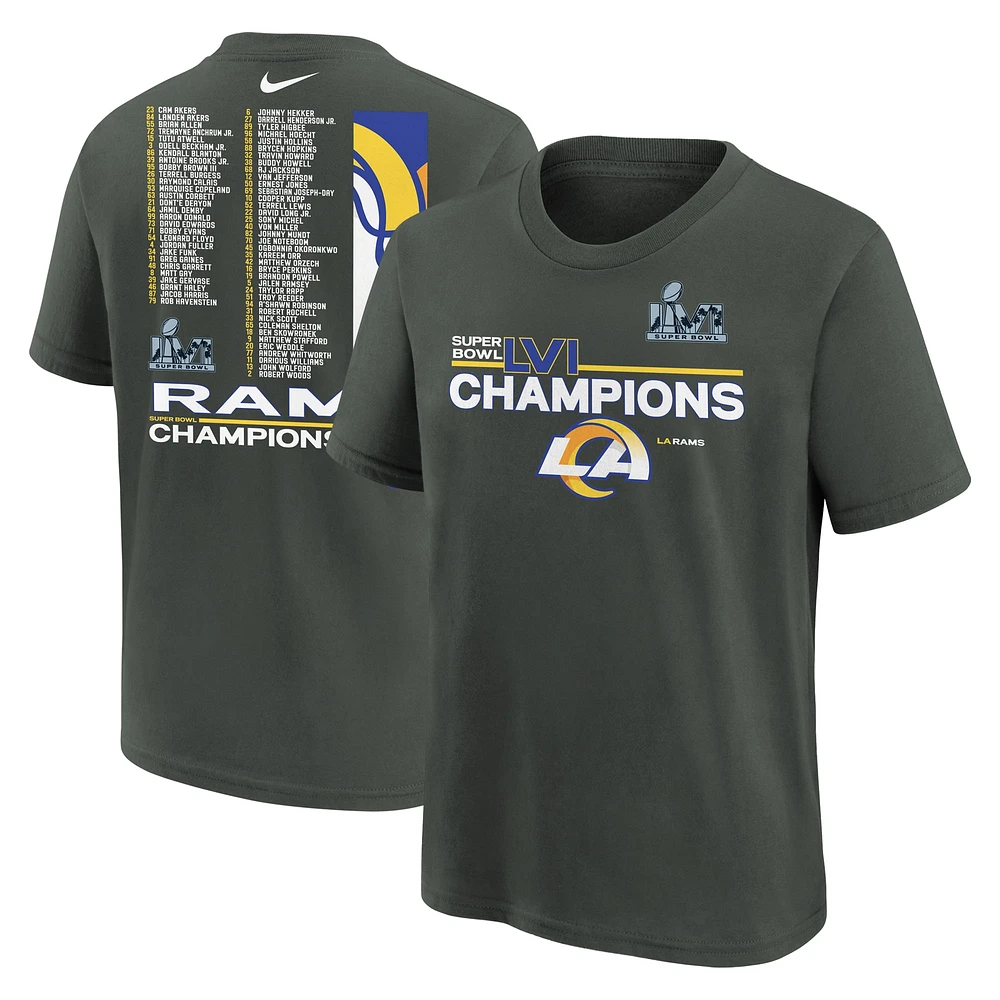 T-shirt Nike anthracite pour jeunes des Rams de Los Angeles Super Bowl LVI Champions Roster