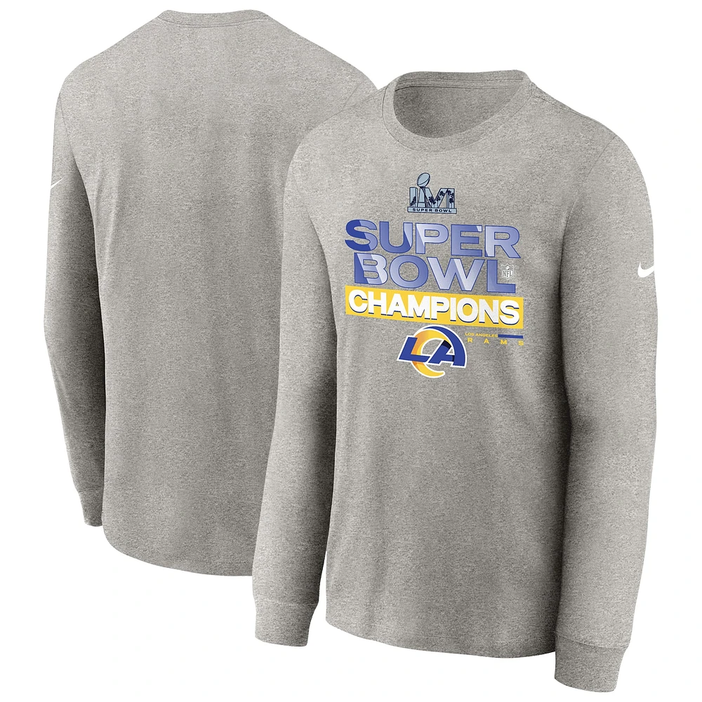 Youth Nike Heathered Gray Los Angeles Rams Super Bowl LVI Champions Locker Room Trophy Collection Long Sleeve T-Shirt