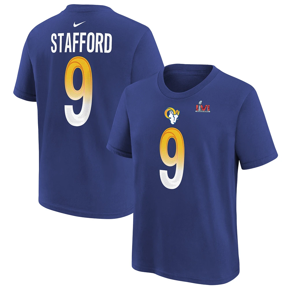 T-shirt avec nom et numéro Nike Matthew Stafford Royal Los Angeles Rams Super Bowl LVI pour jeune