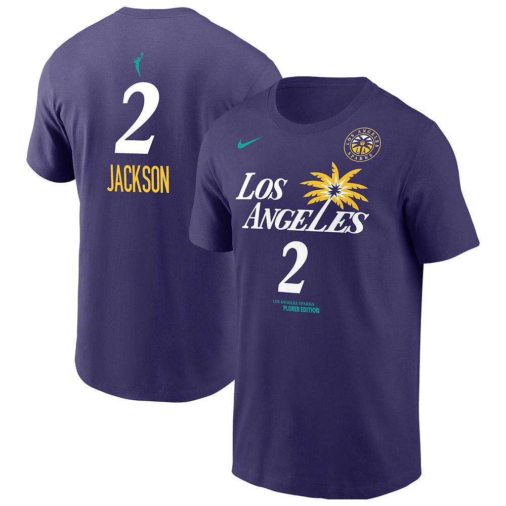 T-shirt Nike Rickea Jackson violet pour homme, édition Explorer, avec nom et numéro des Los Angeles Sparks