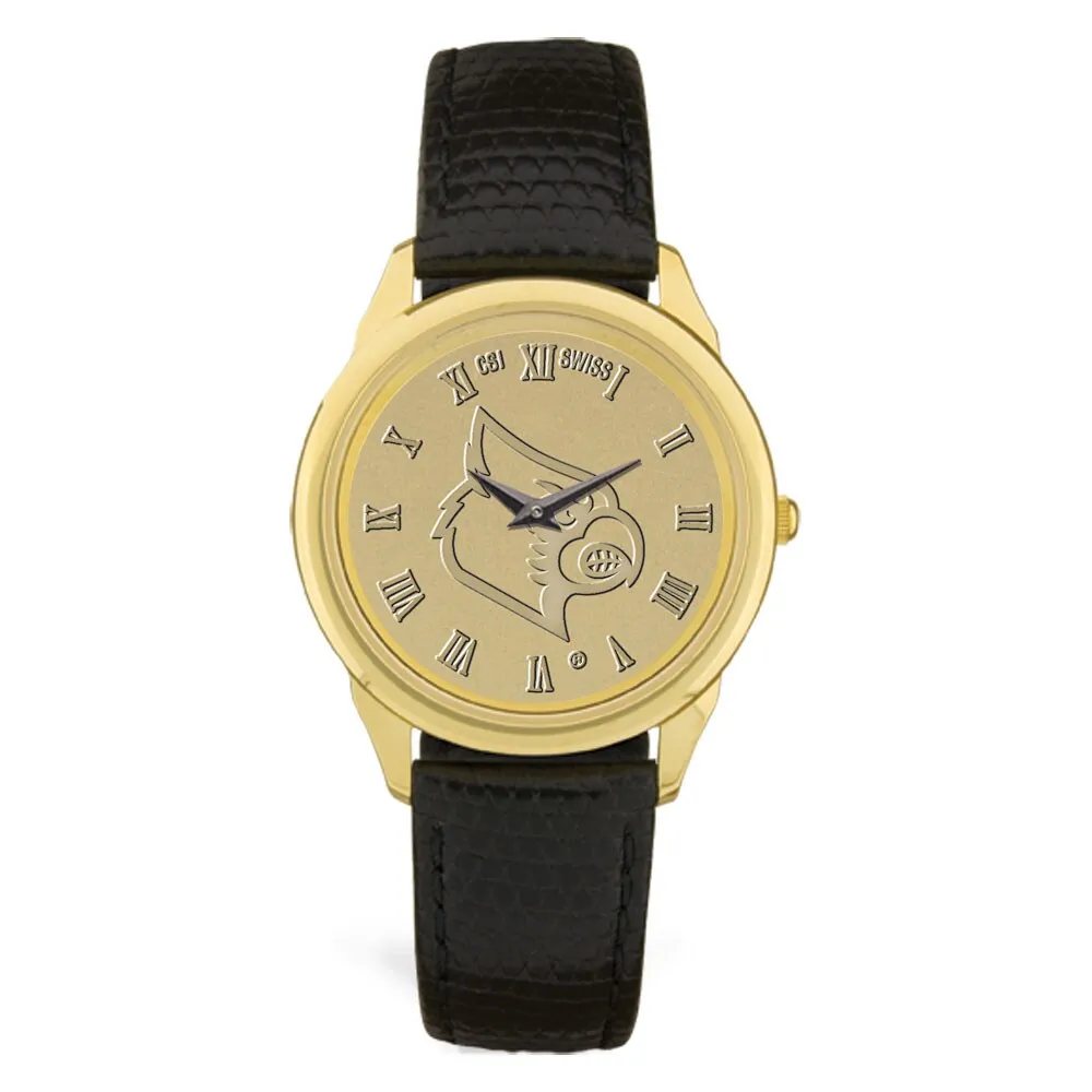 Gold Louisville Cardinals Personalized Medallion Black Leather Wristwatch