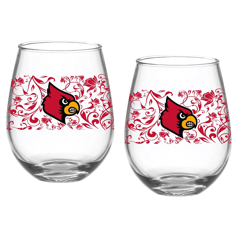 Cardinals de Louisville, paquet de deux 15oz. Ensemble de verres floraux sans pied