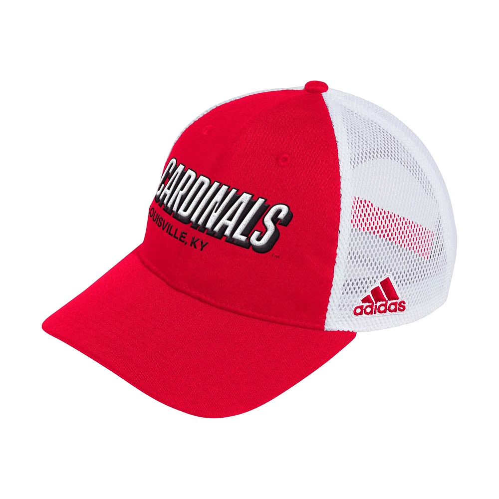 Men's adidas Red Louisville Cardinals Mascot Block Letter Slouch Trucker Adjustable Hat