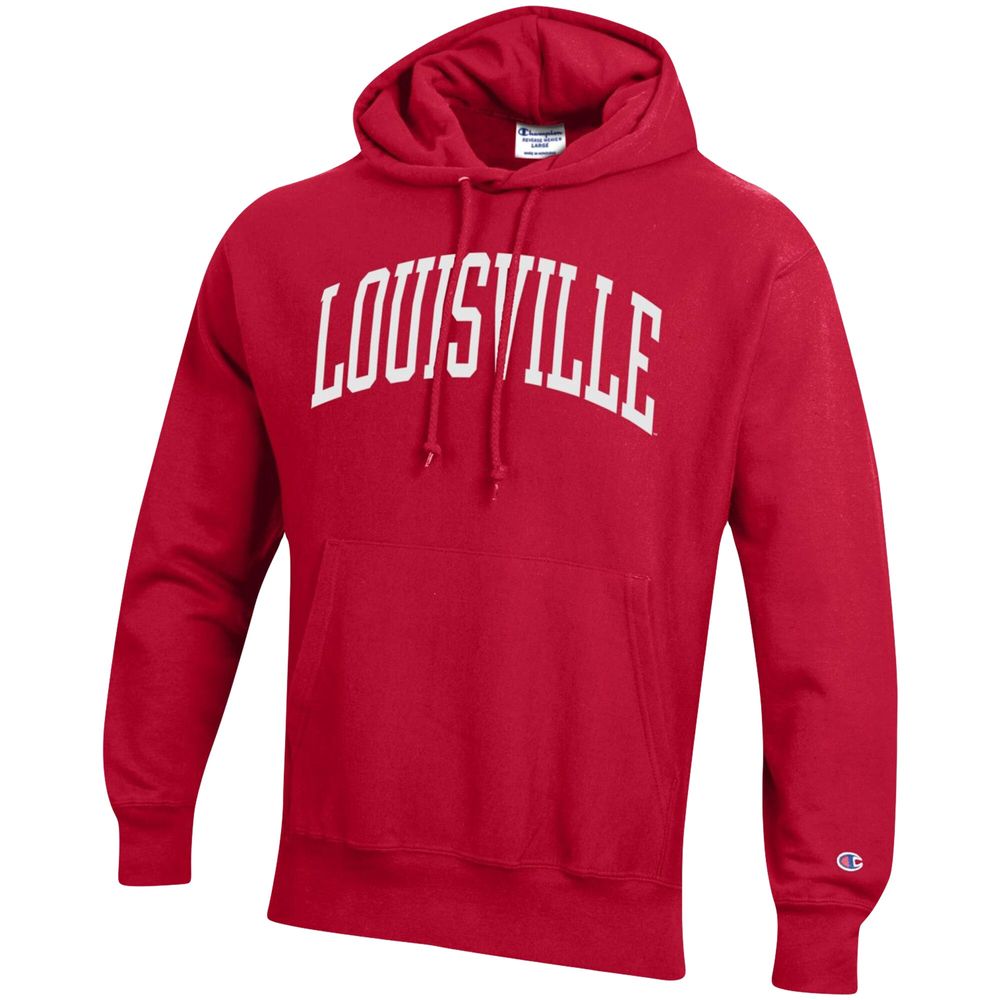 Men's Champion Red Louisville Cardinals Team Arch Reverse Weave Pullover Hoodie