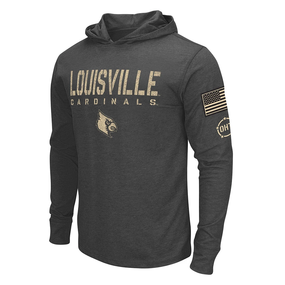 T-shirt à capuche manches longues pour hommes Colosseum Heather Black Louisville Cardinals Team OHT Military Appréciation