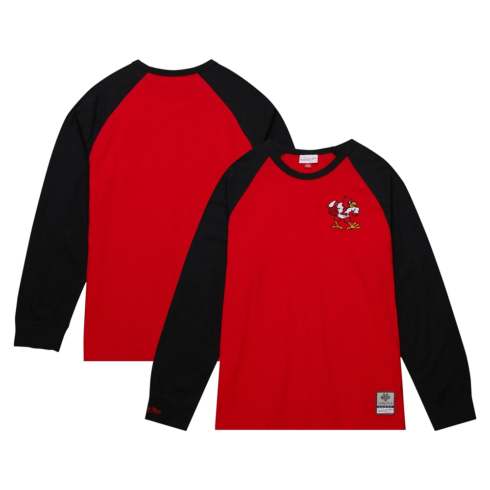 T-shirt à manches longues raglan flammé légendaire des Cardinals de Louisville rouge Mitchell & Ness pour hommes