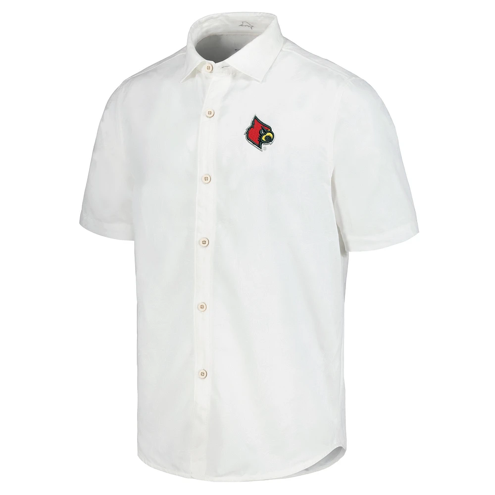 Chemise boutonnée Tommy Bahama pour hommes, Louisville Cardinals, Coconut Point, Palm Vista, IslandZone Camp, blanche