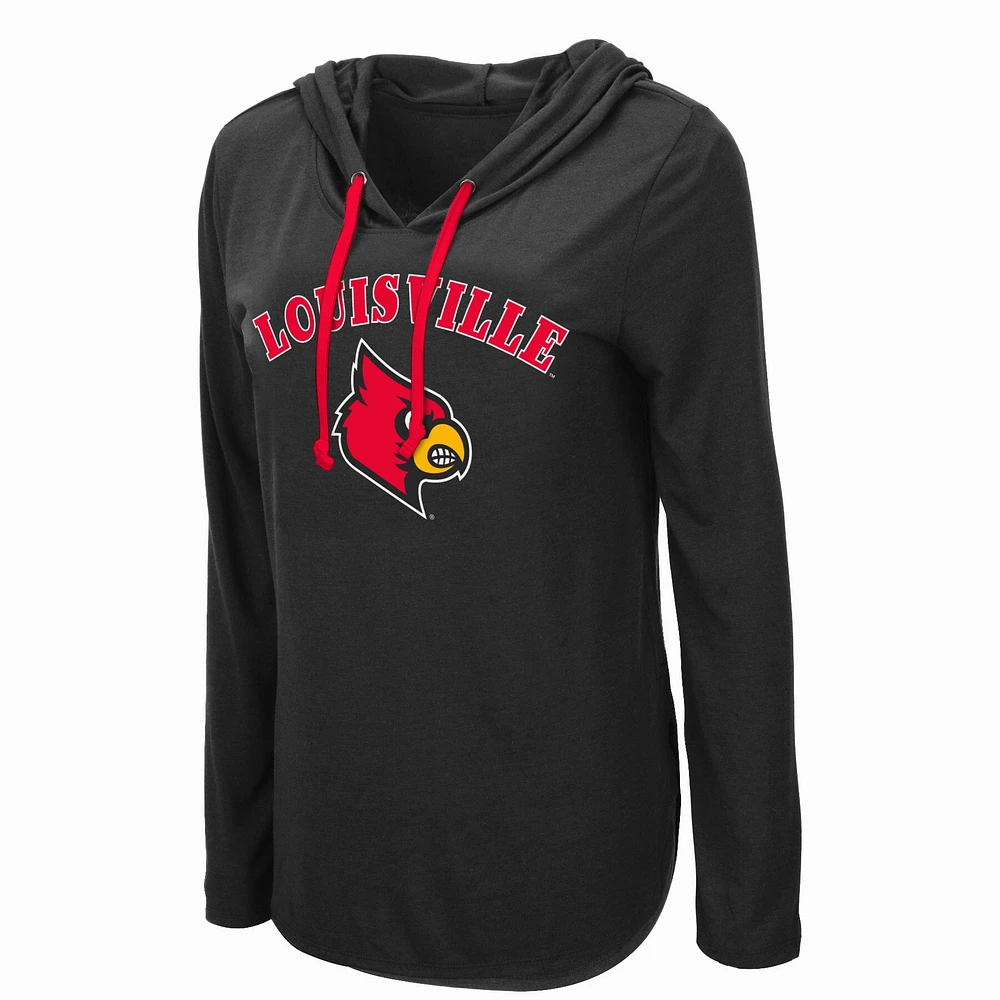Women's Colosseum Black Louisville Cardinals My Lover Lightweight Hooded Long Sleeve T-Shirt