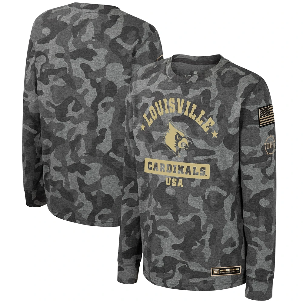 T-shirt à manches longues pour jeunes Colosseum Camo Louisville Cardinals OHT Appréciation militaire Dark Star