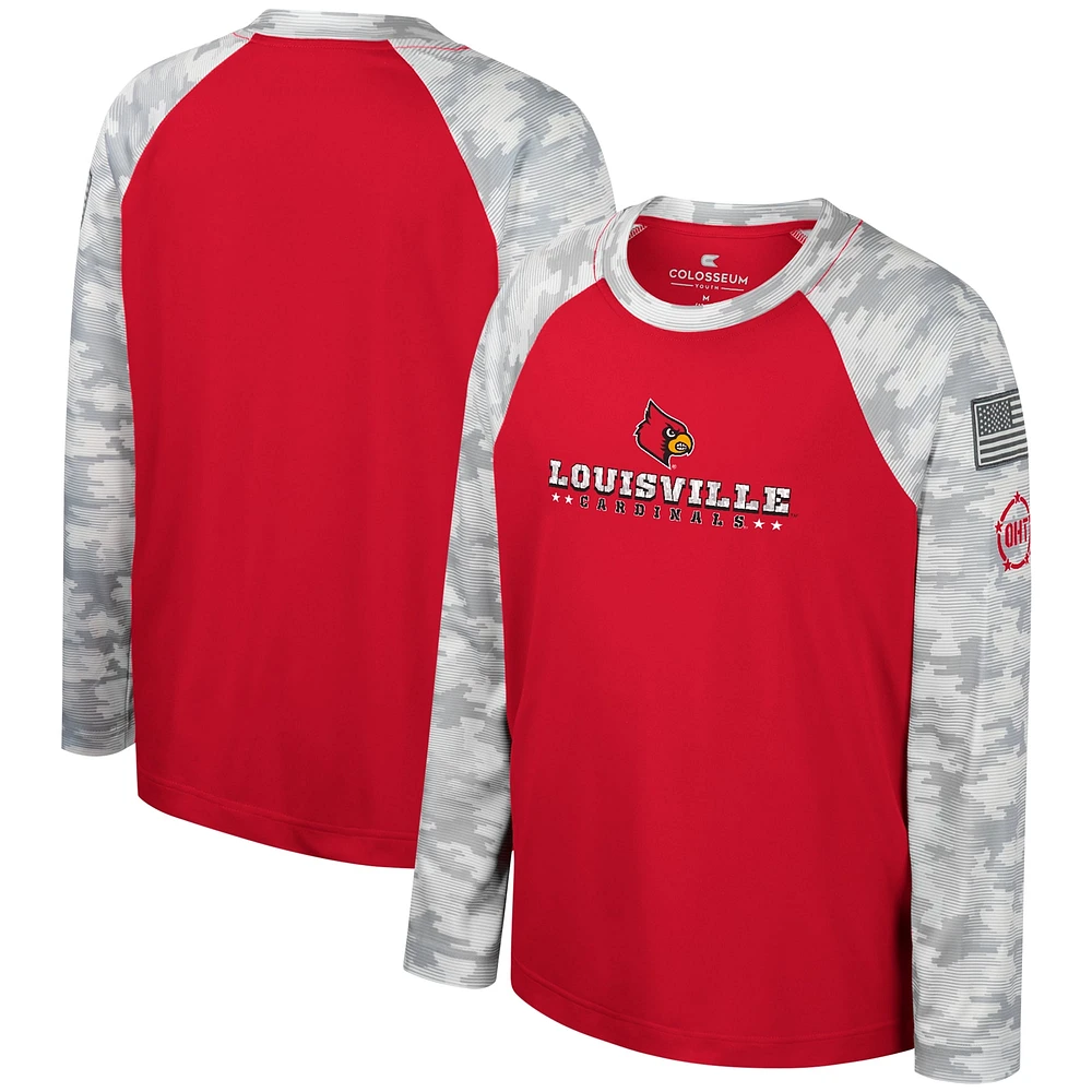 T-shirt à manches longues raglan Colosseum rouge/camouflage pour jeunes Cardinals de Louisville OHT Appréciation militaire Dark Star