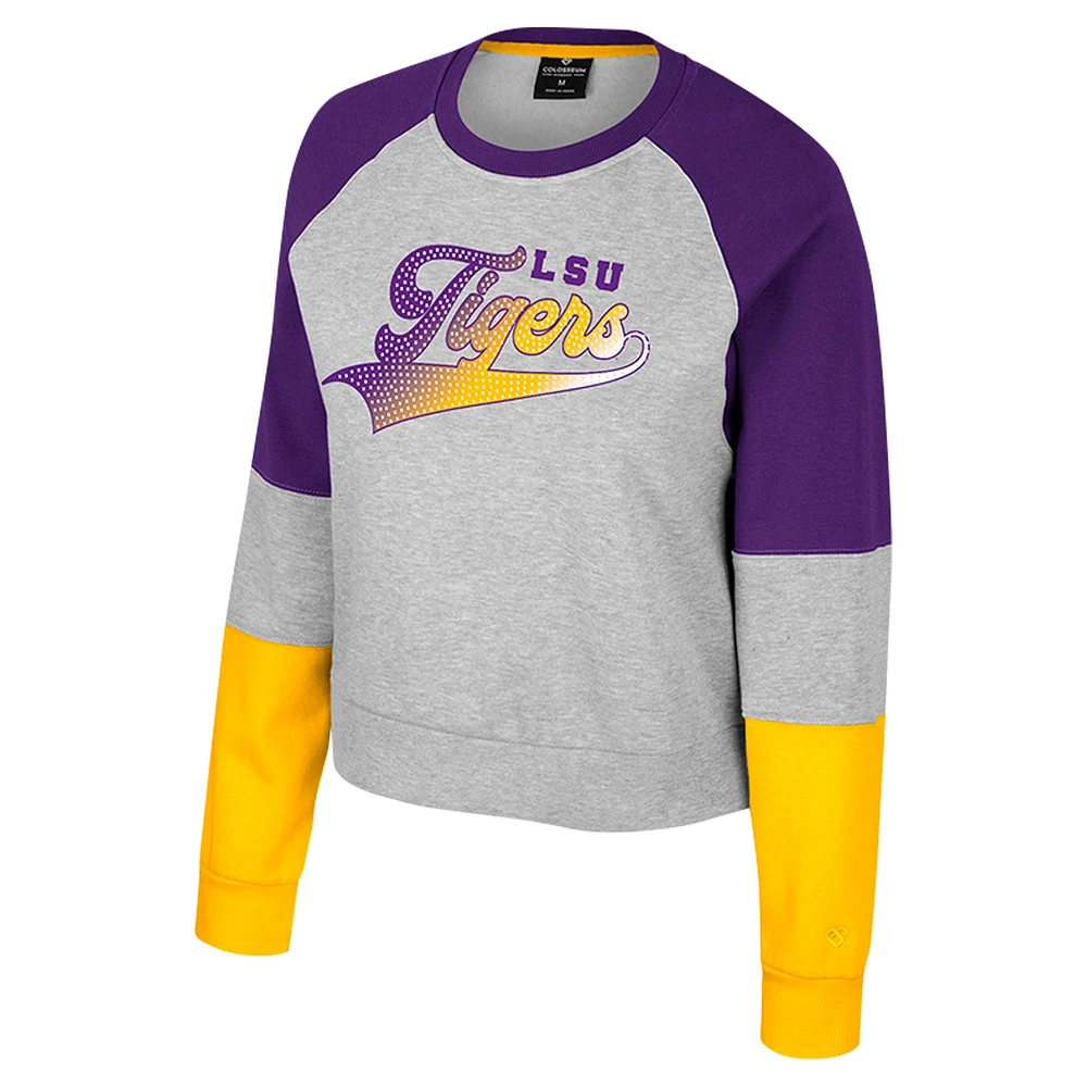 Girls Youth Colosseum Heather Gray LSU Tigers Katinka Rhinestone Pullover Sweatshirt