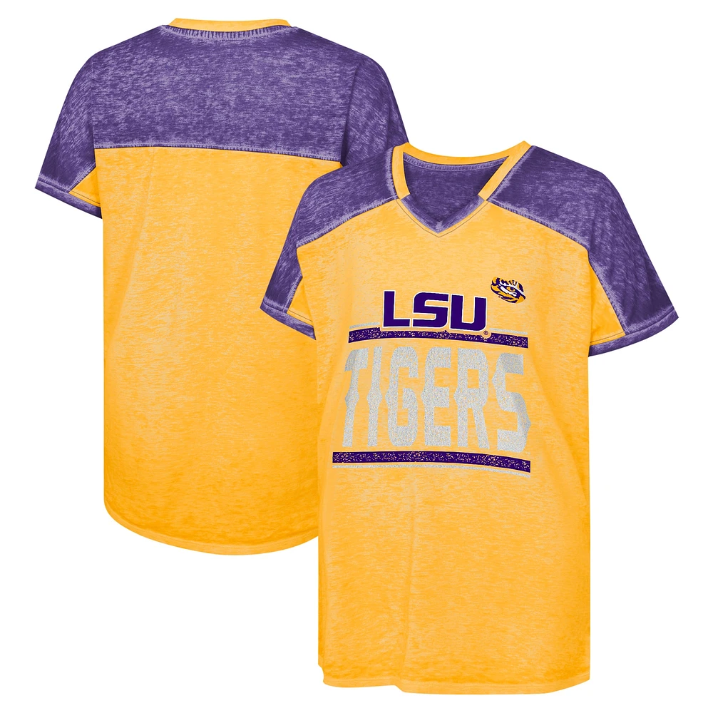 T-shirt col V Dolman à blocs de couleurs violet pour jeunes filles LSU Tigers Up for Anything