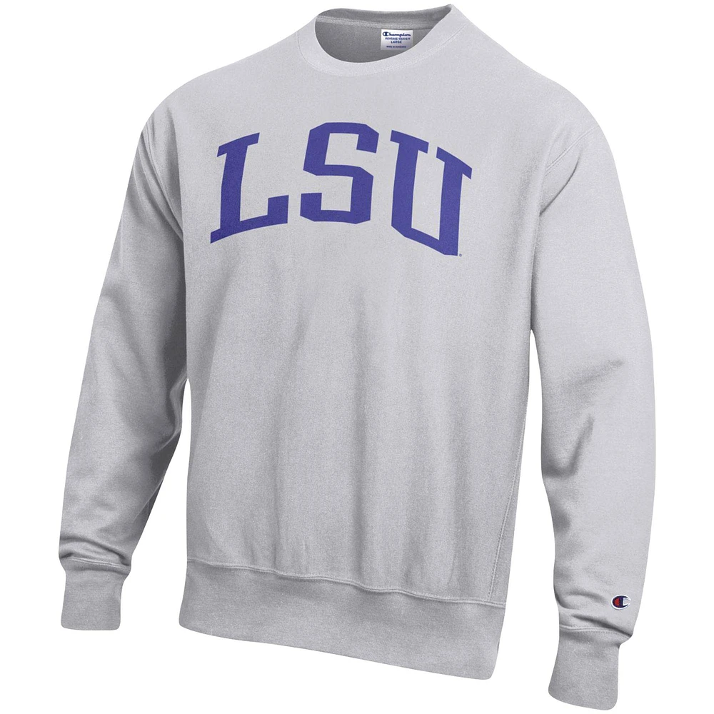 Men's Champion Heathered Gray LSU Tigers Big & Tall Reverse Weave Fleece Crewneck Pullover Sweatshirt