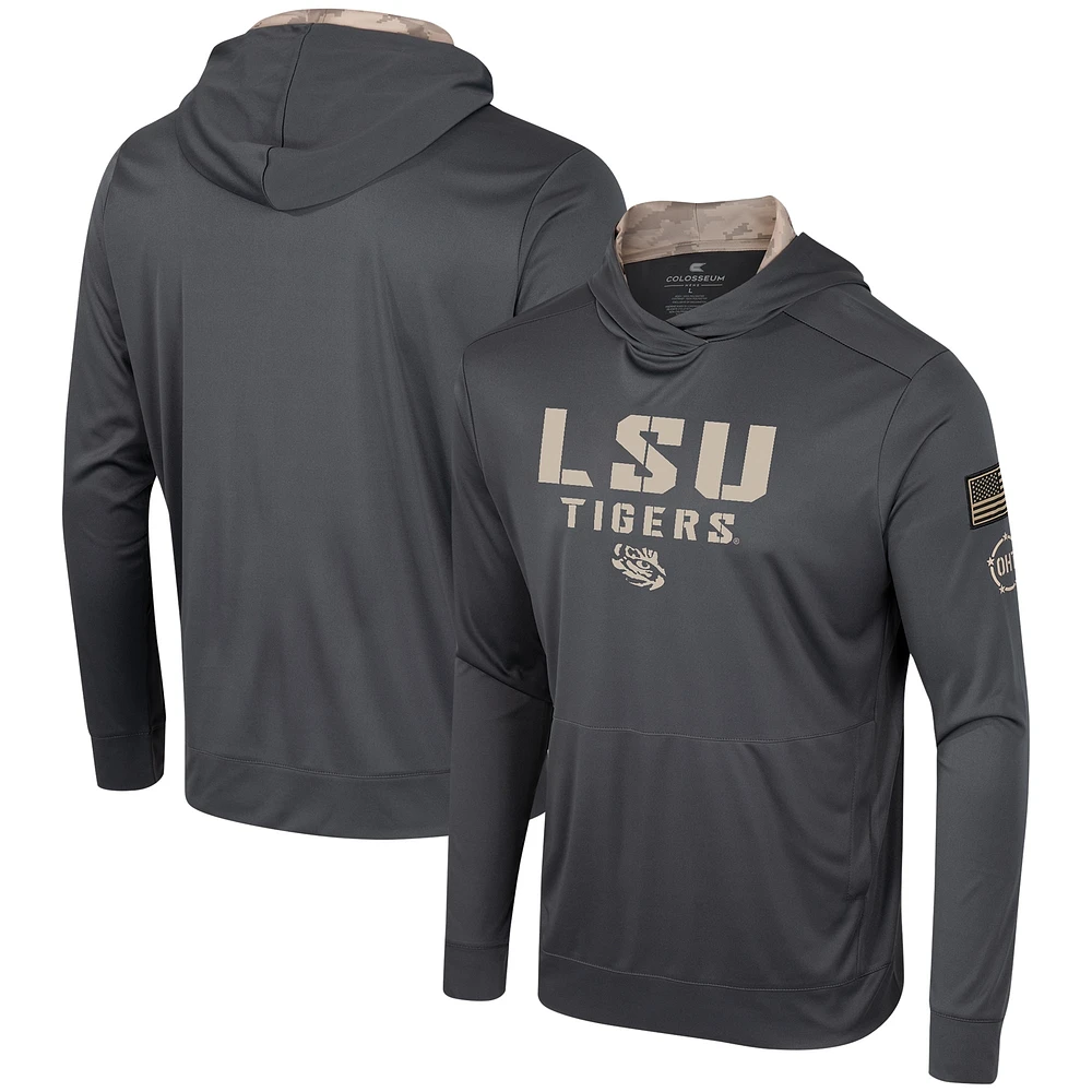 T-shirt à capuche manches longues pour hommes Colosseum Charcoal LSU Tigers OHT Military Appréciation