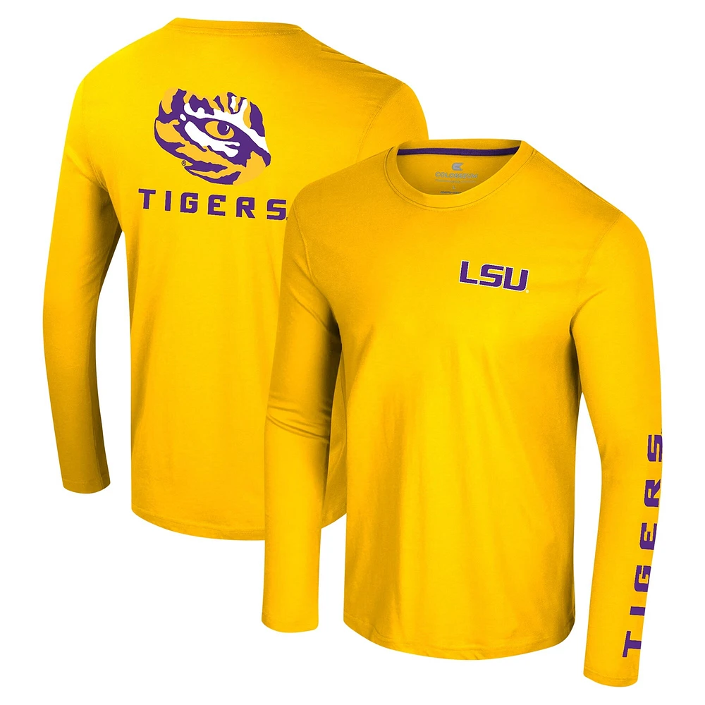 Men's Colosseum Gold LSU Tigers Logo Lockup 3-Hit Active Blend Long Sleeve T-Shirt